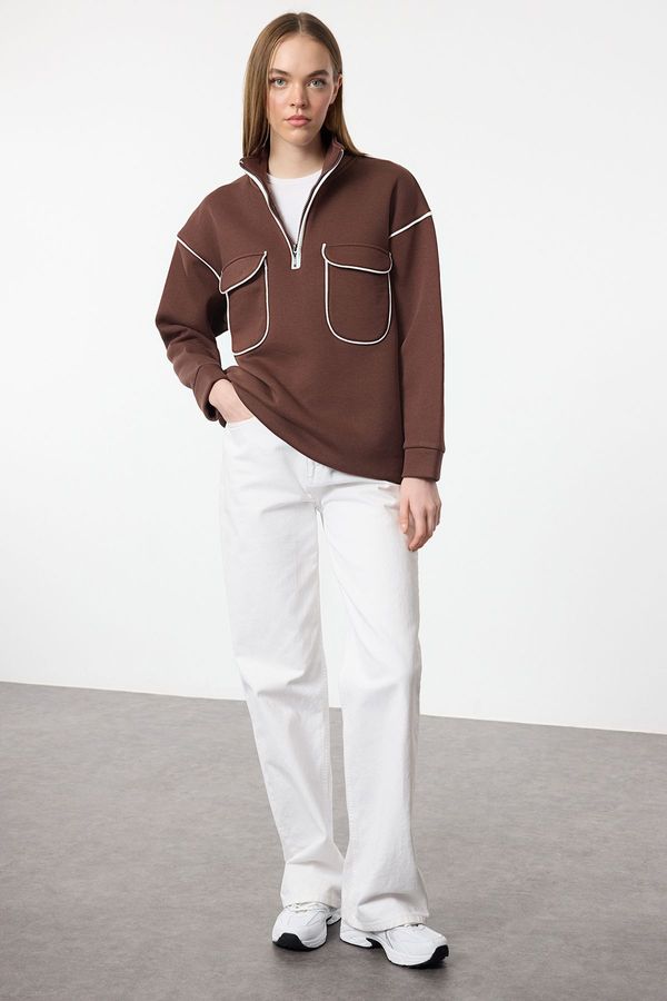 Trendyol Trendyol Brown Zipper and Pocket Detailed Sweatshirt