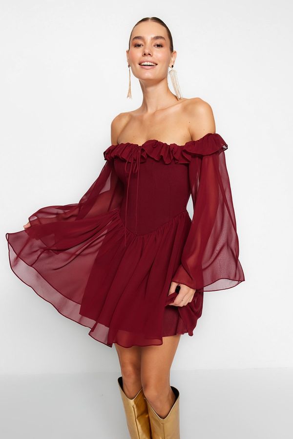 Trendyol Trendyol burgundski odprti pas/drsalec podložen flounce Chiffon elegantna večerna obleka