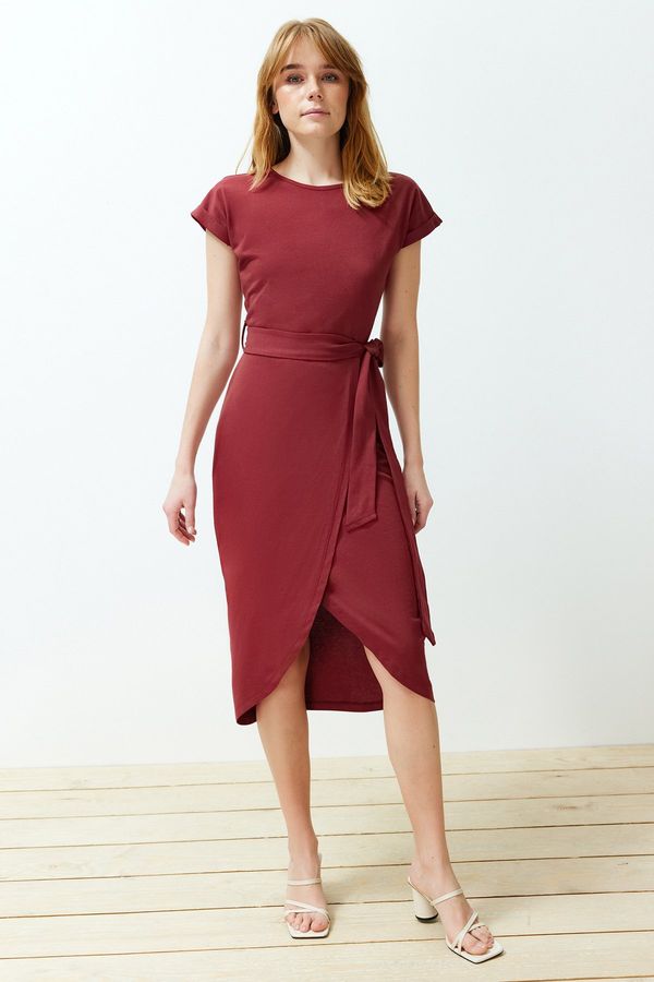 Trendyol Trendyol Burgundy 100% Cotton Double Breasted Closure Belt Detailed Midi Knitted Dress