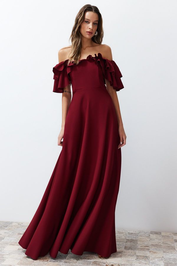 Trendyol Trendyol Burgundy A-Cut Flounce Woven Long Evening Evening Dress