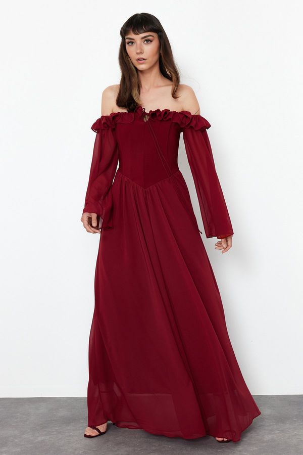 Trendyol Trendyol Burgundy A-Cut Woven Chiffon Long Evening Evening Dress