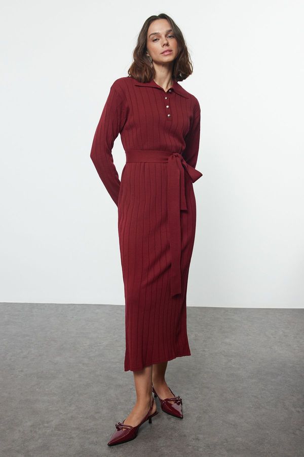 Trendyol Trendyol Burgundy Belted Polo Collar Knitwear Ribbed Knitted Sweater Dress