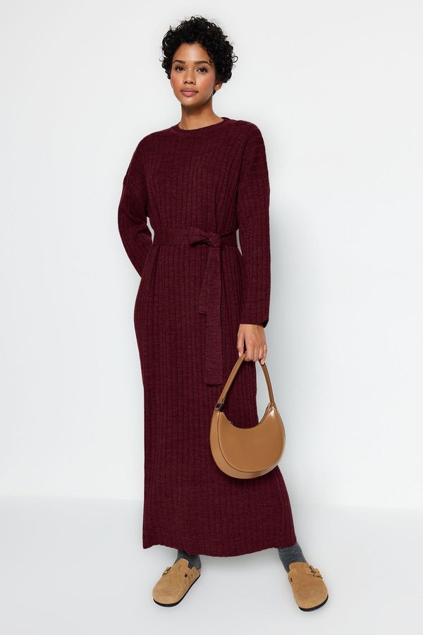 Trendyol Trendyol Burgundy Belted Rib Knit Dress