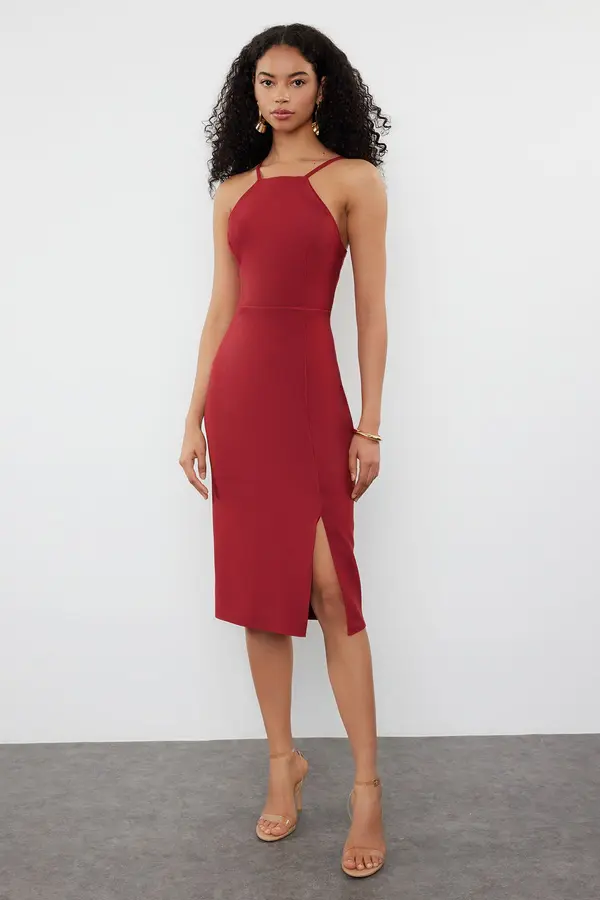 Trendyol Trendyol Burgundy Bodycon Slit Halter Neck Midi Pencil Skirt Woven Dress