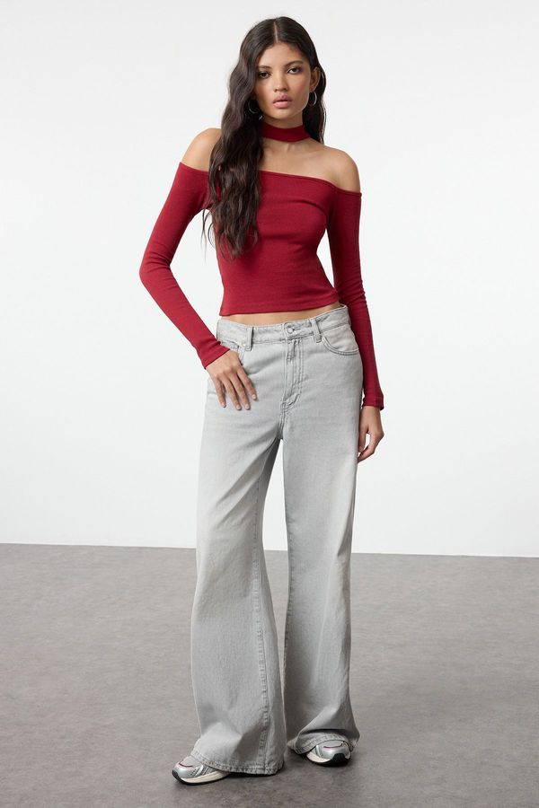 Trendyol Trendyol Burgundy Carmen Collar Choker Detailed Fitted Crop Ribbed Knitted Blouse