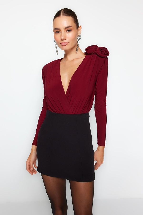 Trendyol Trendyol Burgundy Double Breasted Collar Accessory Bodysuit