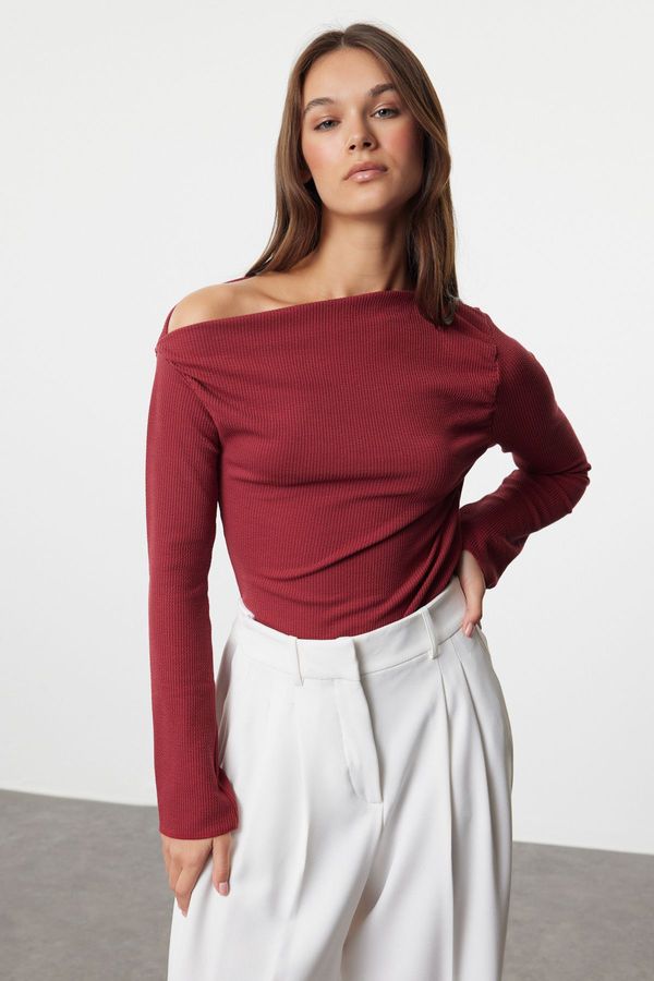 Trendyol Trendyol Burgundy Draped Boat Neck Asymmetrical Flexible Knitted Blouse