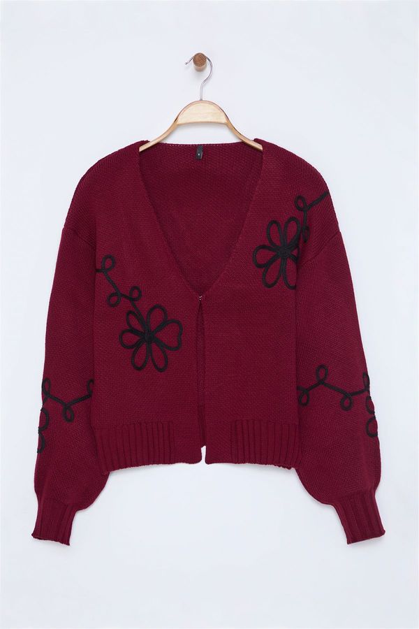 Trendyol Trendyol Burgundy Embroidery Detailed V Neck Knitwear Cardigan