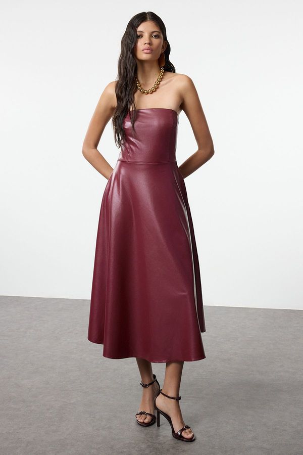 Trendyol Trendyol Burgundy Faux Leather A-Line Strapless Knitted Dress