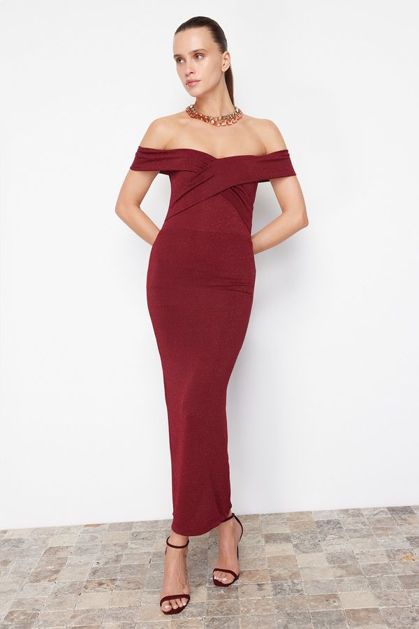 Trendyol Trendyol Burgundy Fitted Glittering Window/Cut Out Detailed Glitter Knitted Elegant Evening Dress