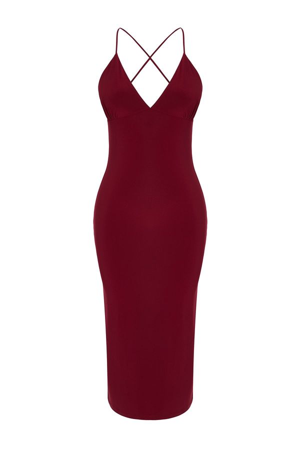 Trendyol Trendyol Burgundy Fitted Knitted Elegant Evening Dress