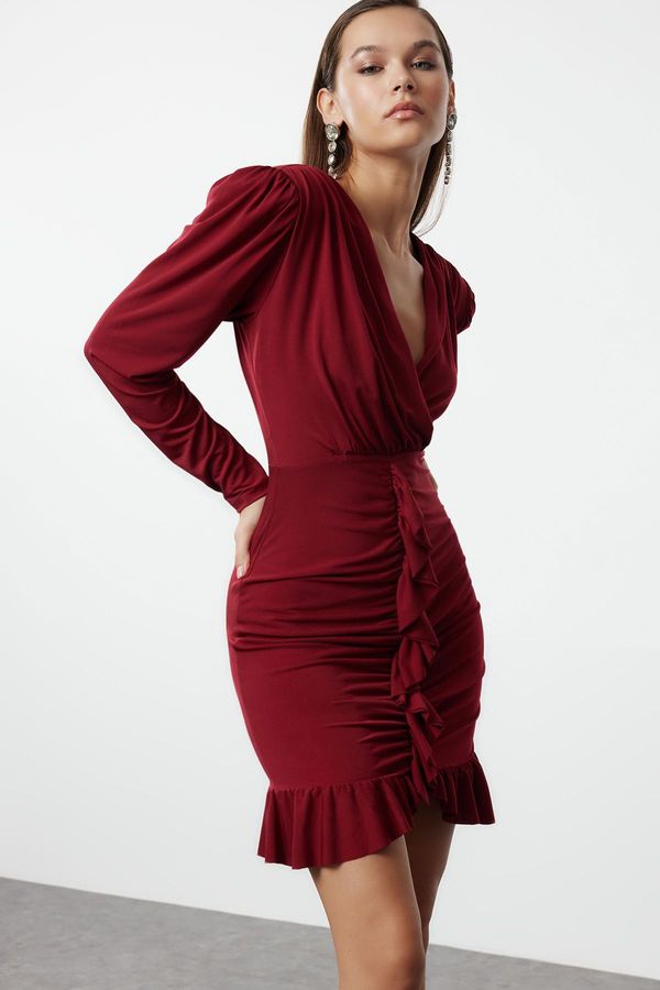 Trendyol Trendyol Burgundy Fitted Lined Flounce Knitted Short Elegant Evening Dress