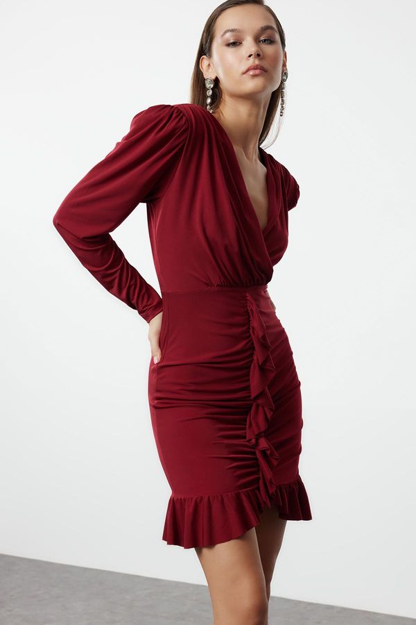 Trendyol Trendyol Burgundy Fitted Lined Flounce Knitted Short Elegant Evening Dress