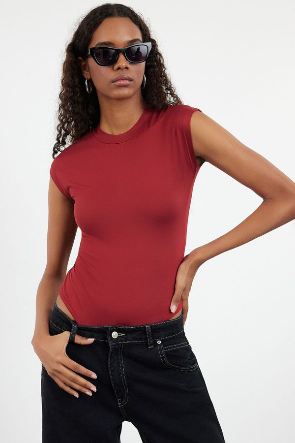 Trendyol Trendyol Burgundy Fitted Long Sleeve Stand Collar Flexible Snap Fastener Knitted Body