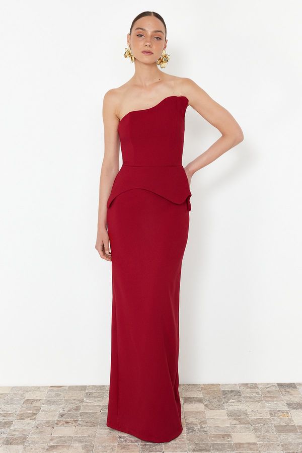 Trendyol Trendyol Burgundy Fitted One Sleeve Woven Long Evening Evening Dress