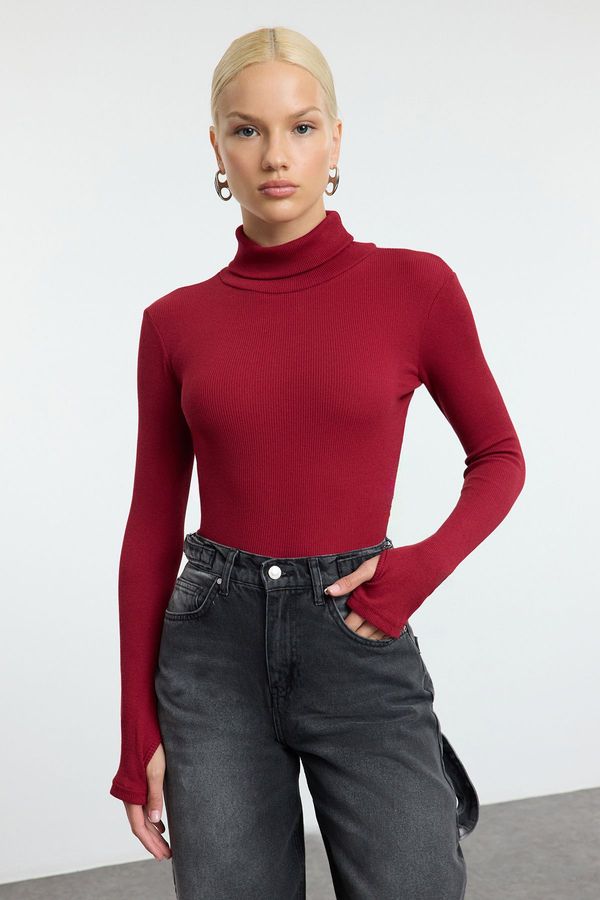 Trendyol Trendyol Burgundy Fitted Turtleneck Finger Detailed Ribbed Stretchy Knitted Blouse