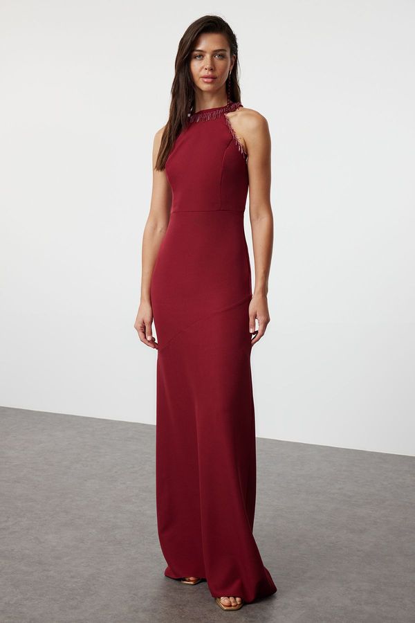 Trendyol Trendyol Burgundy Fitted Woven Shiny Stone Long Evening Dress