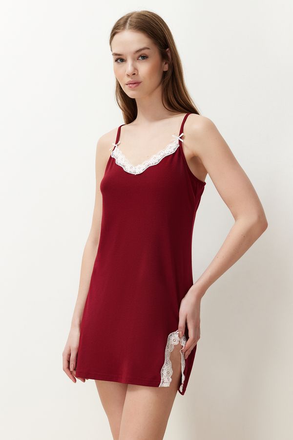 Trendyol Trendyol Burgundy Lace and Bow Detailed Rope Strap Knitted Nightgown
