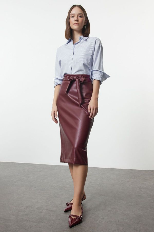 Trendyol Trendyol Burgundy Leather Slit Detailed Belted Woven Skirt