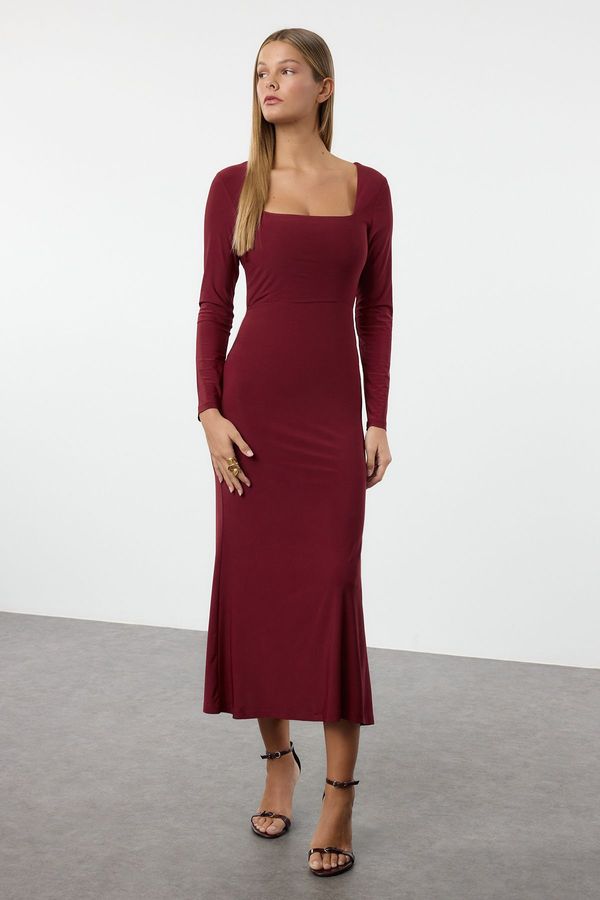 Trendyol Trendyol Burgundy Maxi Flounce Square Neck Fitted/Fits Body Maxi Flexible Knit Dress