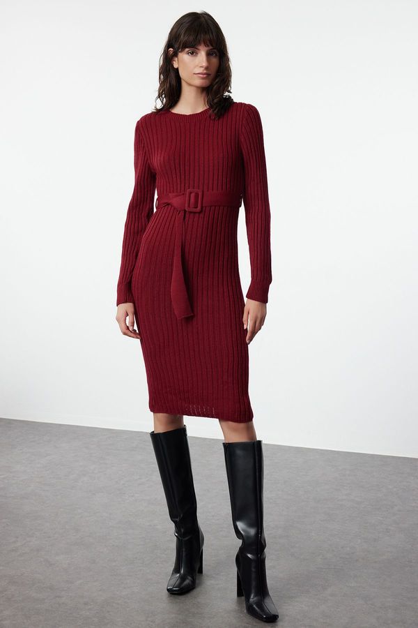 Trendyol Trendyol Burgundy Mini Knitted Belted Dress