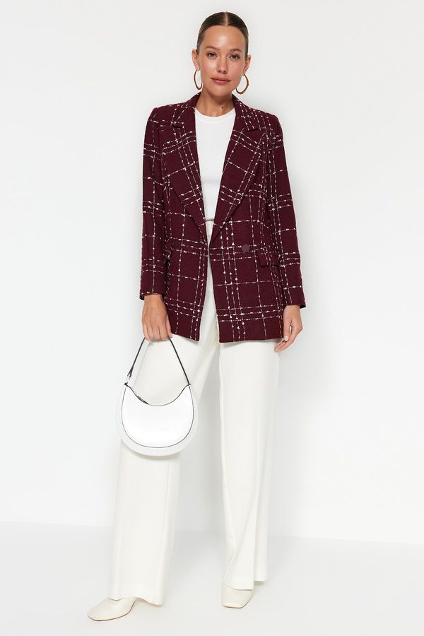 Trendyol Trendyol Burgundy Oversize Woven Plaid Blazer Jacket