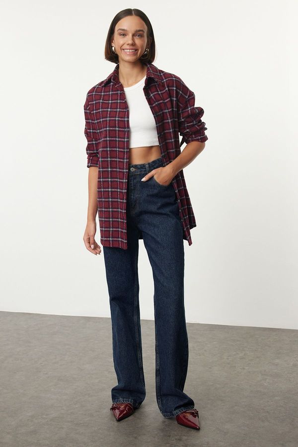 Trendyol Trendyol Burgundy Plaid Patterned Oversize Wide Pattern Woven Shirt