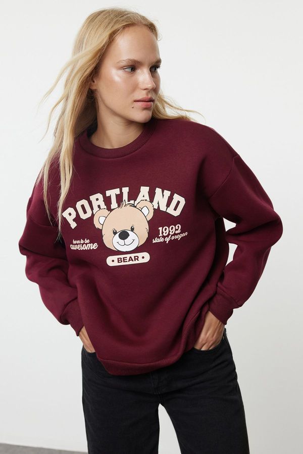 Trendyol Trendyol Burgundy Printed Oversize/Wide Fit Crew Neck Thick Knitted Sweatshirt