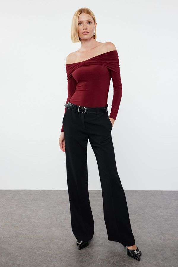 Trendyol Trendyol Burgundy Ruffle/Drape Detailed Fitted Long Sleeve Stretchy Knitted Blouse