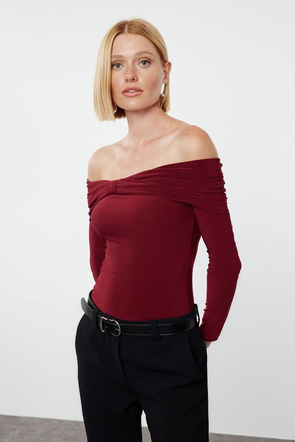 Trendyol Trendyol Burgundy Ruffle/Drape Detailed Fitted Long Sleeve Stretchy Knitted Blouse