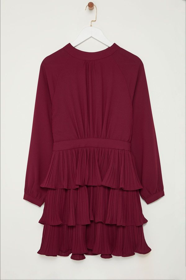 Trendyol Trendyol Burgundy Skater/Waist Open Pleated Stand Collar Mini Woven Dress