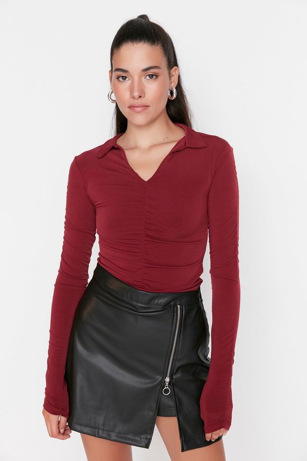 Trendyol Trendyol Burgundy Slim Gathered Polo Neck Flexible Knitted Blouse