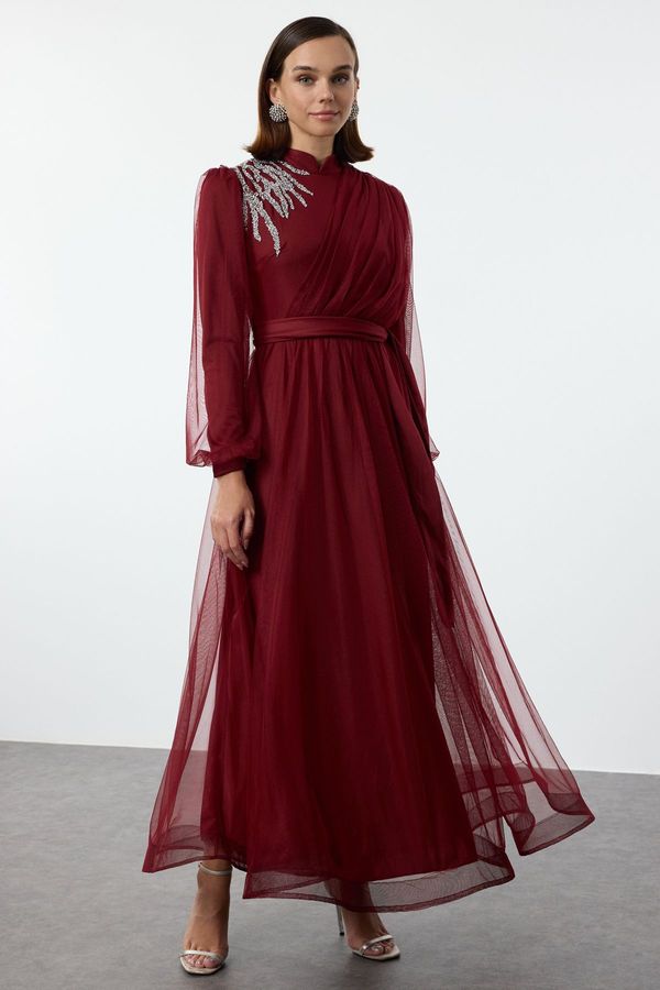 Trendyol Trendyol Burgundy Stone Accessory Tulle Evening Dress