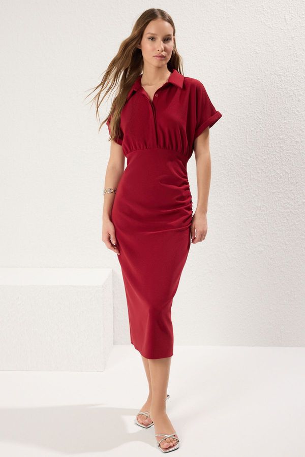 Trendyol Trendyol Burgundy Straight Cut Shirt Collar Midi Woven Dress