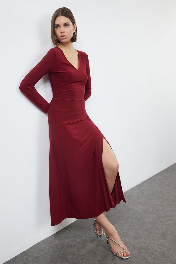 Trendyol Trendyol Burgundy Straight V-Neck Skirt Flounced Skater/Flexible Maxi Knitted Dress