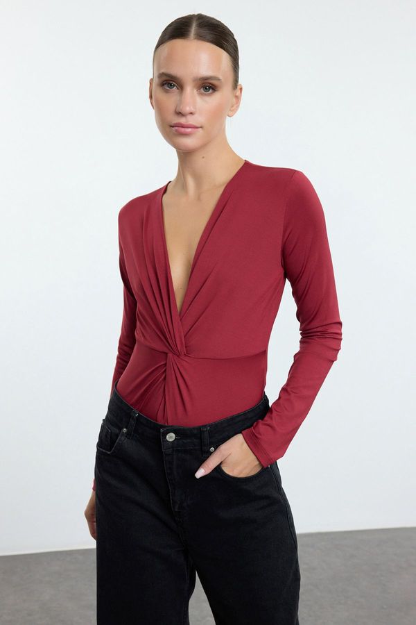 Trendyol Trendyol Burgundy Twist Detailed Fitted Stretchy Knitted Bodysuit with Bottom Studs