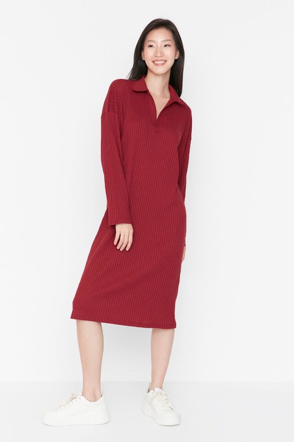 Trendyol Trendyol Burgundy V-Neck Corduroy Knitted Dress