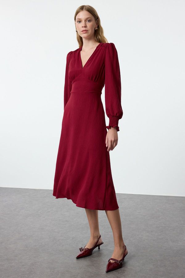 Trendyol Trendyol Burgundy Waist Opening Corsage Detailed Midi Woven Dress