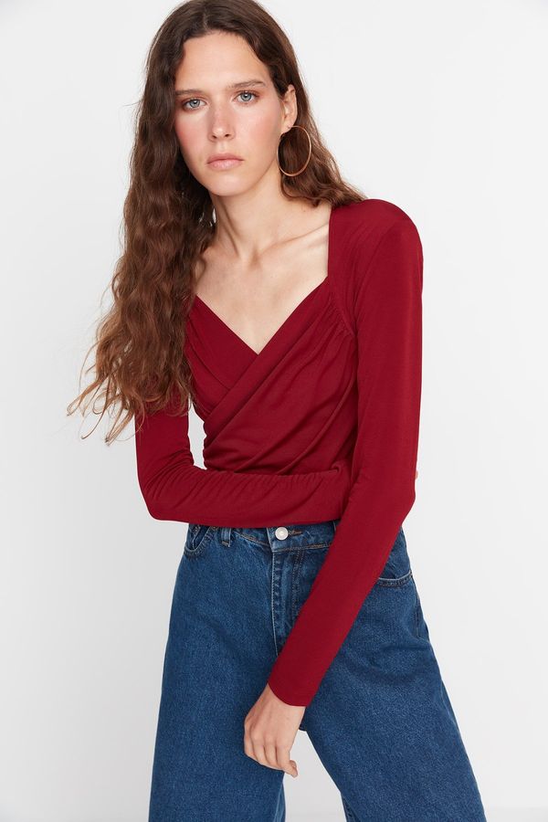 Trendyol Trendyol Burgundy Waistband Draped Detailed Fitted/Situated Flexible Snaps Knitted Bodysuit