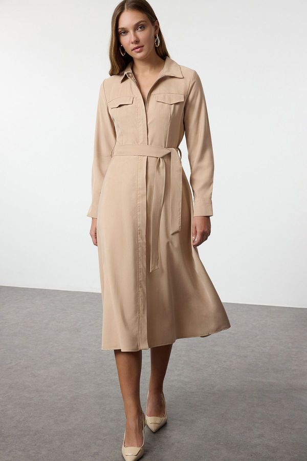 Trendyol Trendyol Camel Belted A-Line Premium Fabric Zipper Detail Midi Shirt Dress