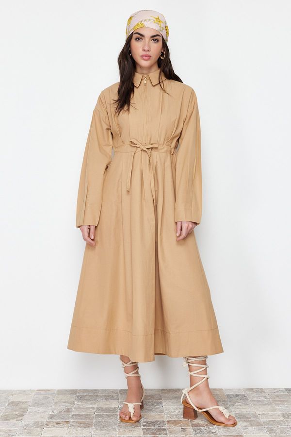 Trendyol Trendyol Camel Cord and Zipper Detail Woven Dress