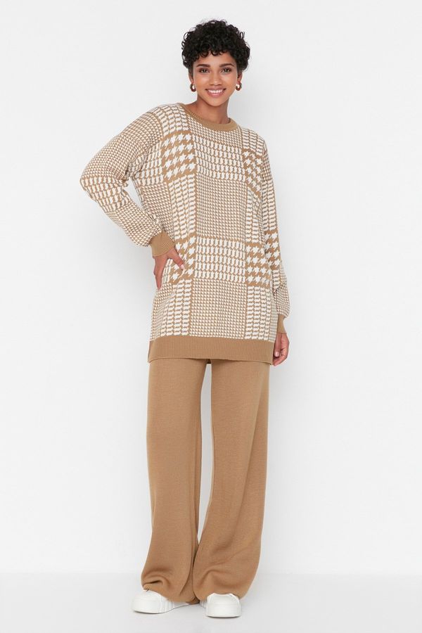 Trendyol Trendyol Camel Crowbar Pattern Sweater-Pants Knitwear Set