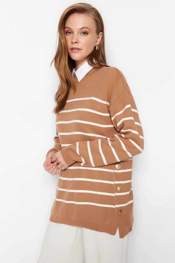 Trendyol Trendyol Camel črtasto pletenino pulover