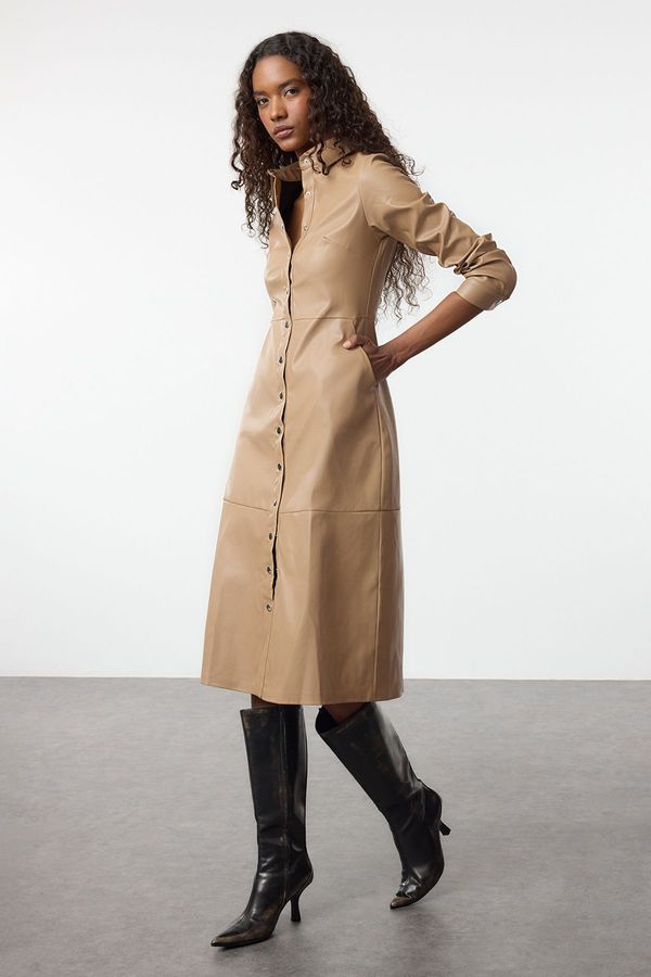 Trendyol Trendyol Camel Faux Leather Midi Woven Shirt Dress