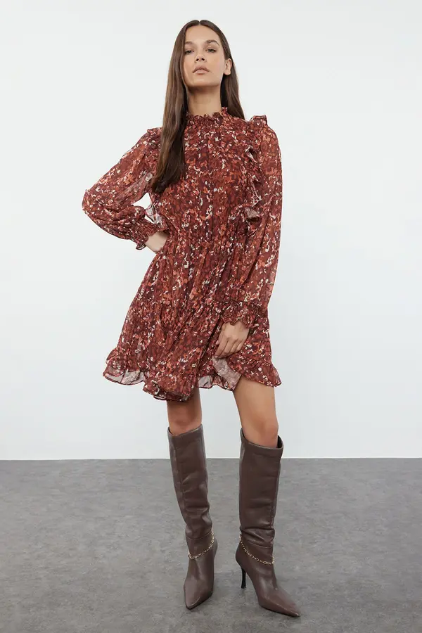 Trendyol Trendyol Camel Floral Woven Winter Dress