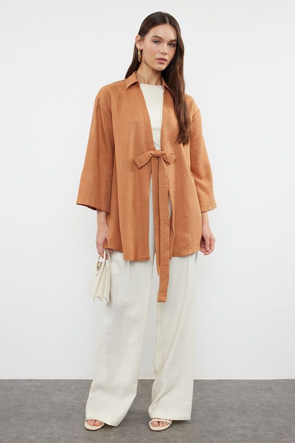 Trendyol Trendyol Camel Front Tie Linen Look Woven Kimono