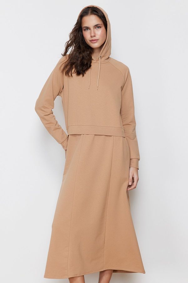 Trendyol Trendyol Camel Hooded Knitted Sweat Dress