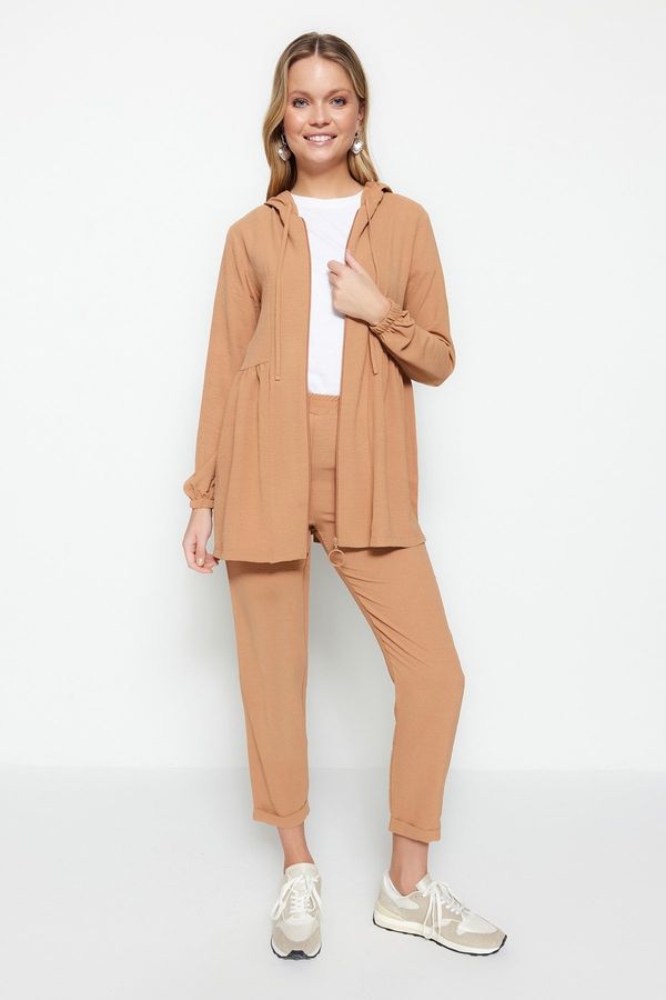 Trendyol Trendyol Camel Hooded Zippered Woven Aerobin Cardigan-Pants Set