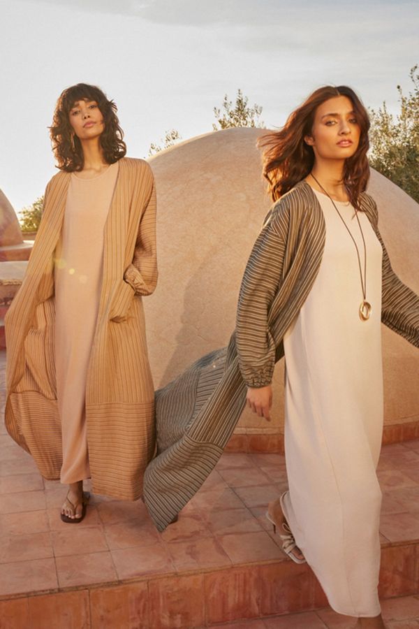 Trendyol Trendyol Camel Long Linen Look Striped Woven Cap & Abaya & Abaya