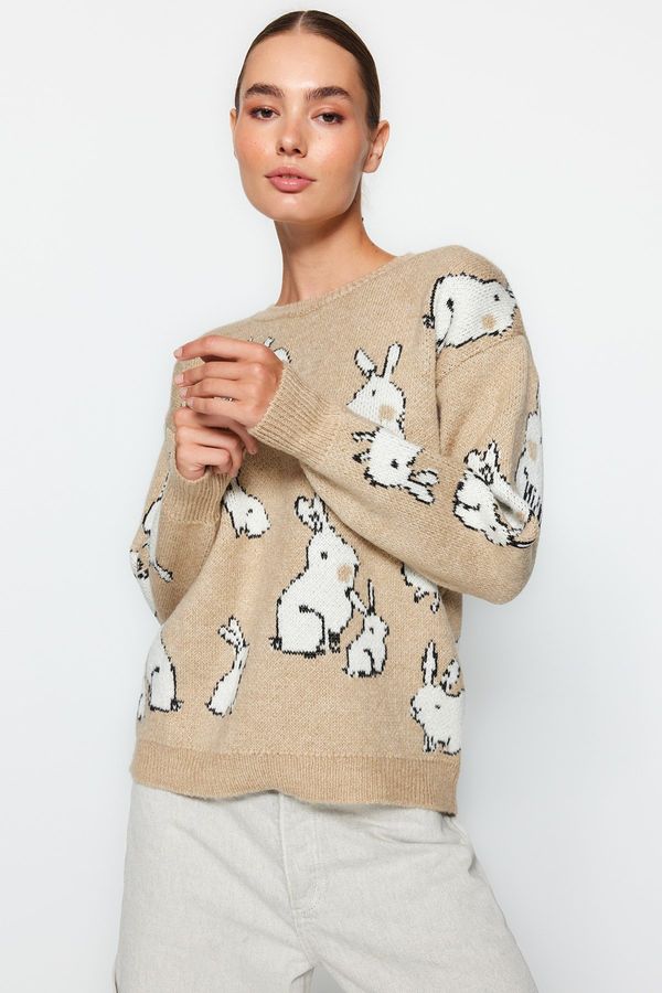 Trendyol Trendyol camel mehka tekstura vzorčasti pletenina pulover